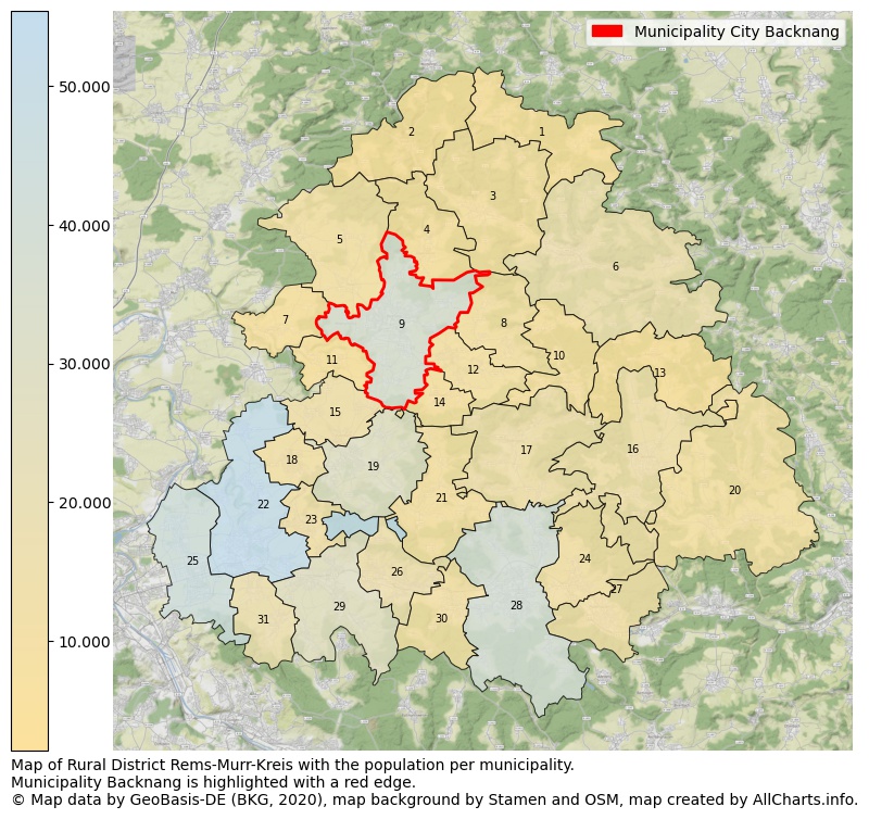 Map of Rural district Rems-Murr-Kreis with the population per municipality.Municipality Backnang is highlighted with a red edge.. This page shows a lot of information about residents (such as the distribution by age groups, family composition, gender, native or German with an immigration background, ...), homes (numbers, types, price development, use, type of property, ...) and more (car ownership, energy consumption, ...) based on open data from the German Federal Agency for Cartography, the Federal Statistical Office (DESTATIS), the Regional Statistical Offices and various other sources!