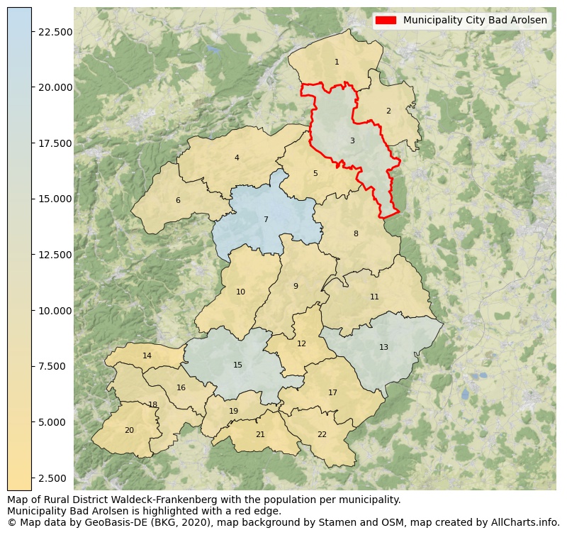 Map of Rural district Waldeck-Frankenberg with the population per municipality.Municipality Bad Arolsen is highlighted with a red edge.. This page shows a lot of information about residents (such as the distribution by age groups, family composition, gender, native or German with an immigration background, ...), homes (numbers, types, price development, use, type of property, ...) and more (car ownership, energy consumption, ...) based on open data from the German Federal Agency for Cartography, the Federal Statistical Office (DESTATIS), the Regional Statistical Offices and various other sources!