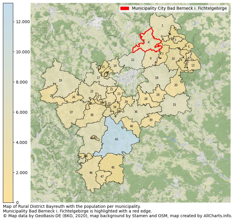 Map of Rural district Bayreuth with the population per municipality.Municipality Bad Berneck i. Fichtelgebirge is highlighted with a red edge.. This page shows a lot of information about residents (such as the distribution by age groups, family composition, gender, native or German with an immigration background, ...), homes (numbers, types, price development, use, type of property, ...) and more (car ownership, energy consumption, ...) based on open data from the German Federal Agency for Cartography, the Federal Statistical Office (DESTATIS), the Regional Statistical Offices and various other sources!