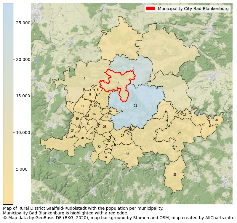 Map of Rural district Saalfeld-Rudolstadt with the population per municipality.Municipality Bad Blankenburg is highlighted with a red edge.. This page shows a lot of information about residents (such as the distribution by age groups, family composition, gender, native or German with an immigration background, ...), homes (numbers, types, price development, use, type of property, ...) and more (car ownership, energy consumption, ...) based on open data from the German Federal Agency for Cartography, the Federal Statistical Office (DESTATIS), the Regional Statistical Offices and various other sources!