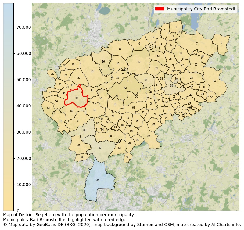 Map of District Segeberg with the population per municipality.Municipality Bad Bramstedt is highlighted with a red edge.. This page shows a lot of information about residents (such as the distribution by age groups, family composition, gender, native or German with an immigration background, ...), homes (numbers, types, price development, use, type of property, ...) and more (car ownership, energy consumption, ...) based on open data from the German Federal Agency for Cartography, the Federal Statistical Office (DESTATIS), the Regional Statistical Offices and various other sources!