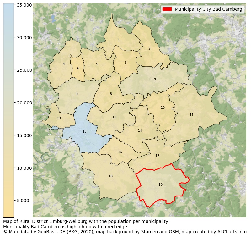 Map of Rural district Limburg-Weilburg with the population per municipality.Municipality Bad Camberg is highlighted with a red edge.. This page shows a lot of information about residents (such as the distribution by age groups, family composition, gender, native or German with an immigration background, ...), homes (numbers, types, price development, use, type of property, ...) and more (car ownership, energy consumption, ...) based on open data from the German Federal Agency for Cartography, the Federal Statistical Office (DESTATIS), the Regional Statistical Offices and various other sources!