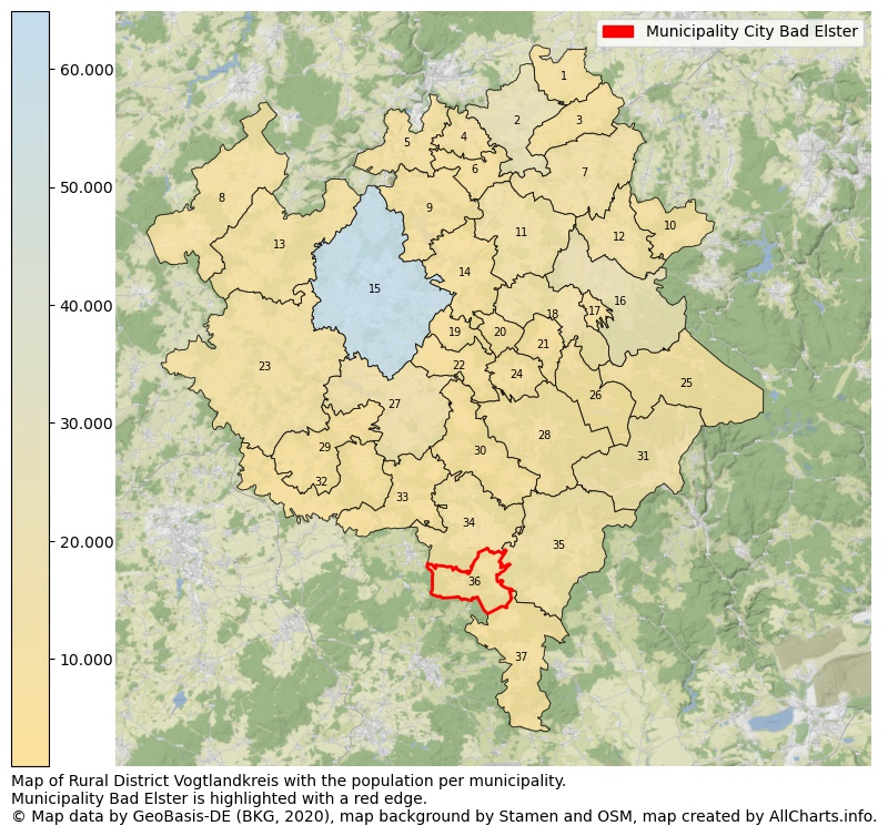 Map of Rural district Vogtlandkreis with the population per municipality.Municipality Bad Elster is highlighted with a red edge.. This page shows a lot of information about residents (such as the distribution by age groups, family composition, gender, native or German with an immigration background, ...), homes (numbers, types, price development, use, type of property, ...) and more (car ownership, energy consumption, ...) based on open data from the German Federal Agency for Cartography, the Federal Statistical Office (DESTATIS), the Regional Statistical Offices and various other sources!