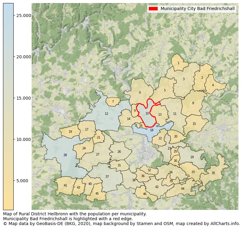 Map of Rural district Heilbronn with the population per municipality.Municipality Bad Friedrichshall is highlighted with a red edge.. This page shows a lot of information about residents (such as the distribution by age groups, family composition, gender, native or German with an immigration background, ...), homes (numbers, types, price development, use, type of property, ...) and more (car ownership, energy consumption, ...) based on open data from the German Federal Agency for Cartography, the Federal Statistical Office (DESTATIS), the Regional Statistical Offices and various other sources!