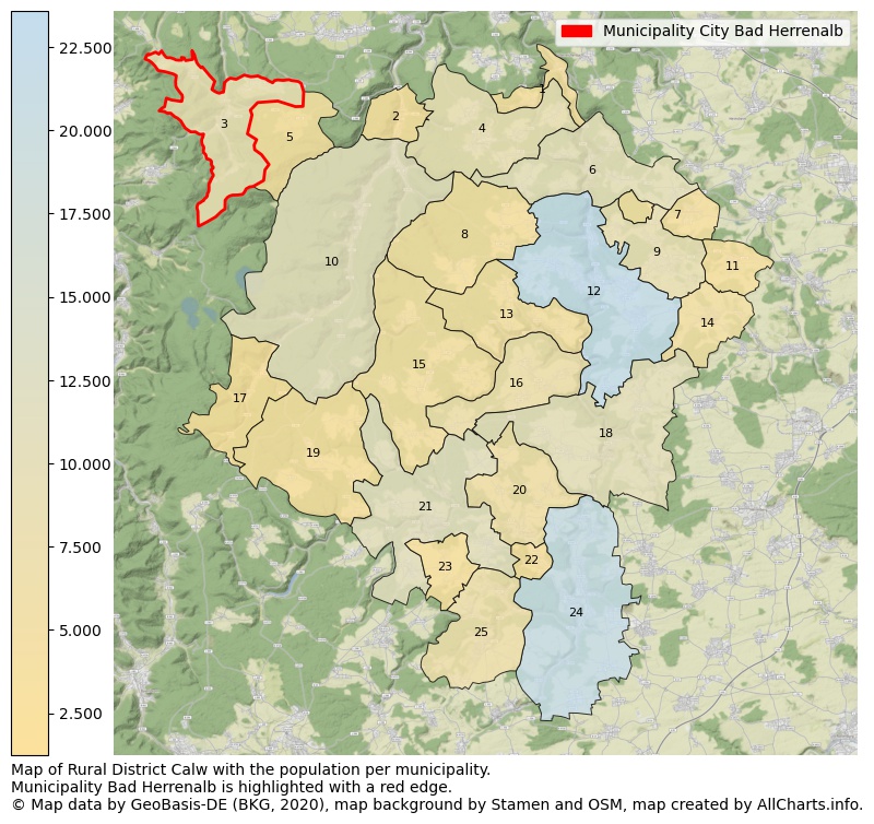 Map of Rural district Calw with the population per municipality.Municipality Bad Herrenalb is highlighted with a red edge.. This page shows a lot of information about residents (such as the distribution by age groups, family composition, gender, native or German with an immigration background, ...), homes (numbers, types, price development, use, type of property, ...) and more (car ownership, energy consumption, ...) based on open data from the German Federal Agency for Cartography, the Federal Statistical Office (DESTATIS), the Regional Statistical Offices and various other sources!