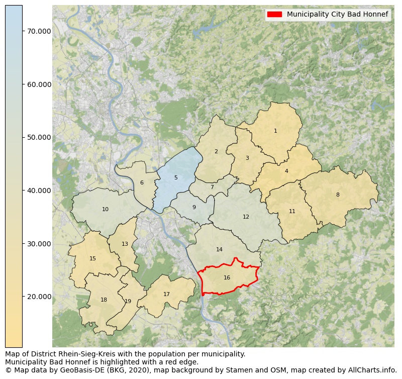 Map of District Rhein-Sieg-Kreis with the population per municipality.Municipality Bad Honnef is highlighted with a red edge.. This page shows a lot of information about residents (such as the distribution by age groups, family composition, gender, native or German with an immigration background, ...), homes (numbers, types, price development, use, type of property, ...) and more (car ownership, energy consumption, ...) based on open data from the German Federal Agency for Cartography, the Federal Statistical Office (DESTATIS), the Regional Statistical Offices and various other sources!
