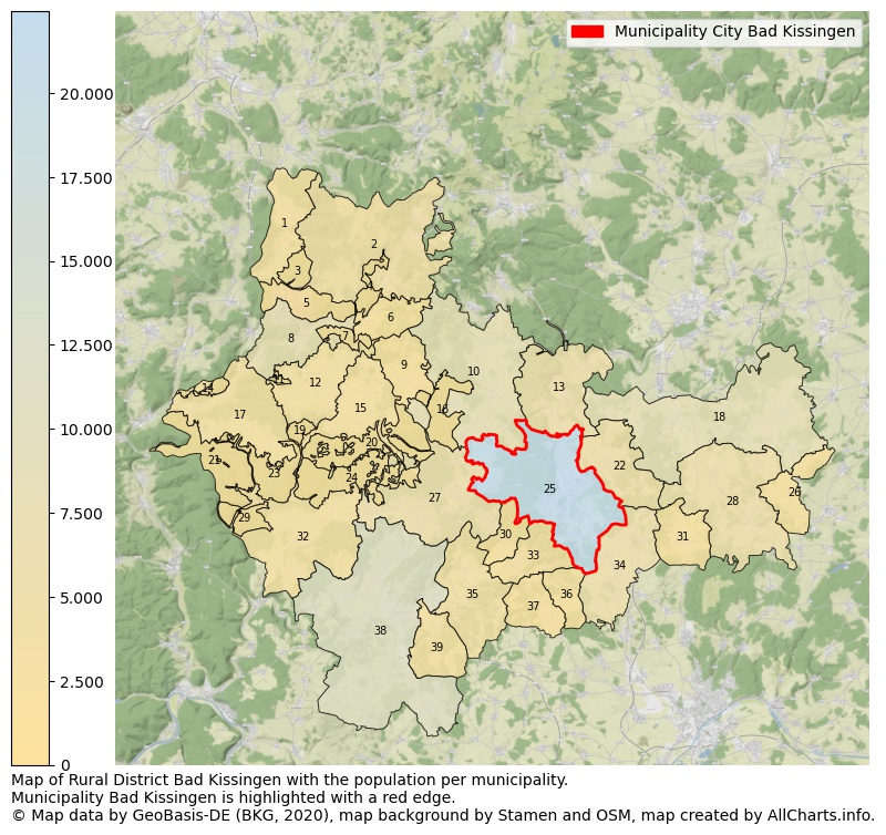 Map of Rural district Bad Kissingen with the population per municipality.Municipality Bad Kissingen is highlighted with a red edge.. This page shows a lot of information about residents (such as the distribution by age groups, family composition, gender, native or German with an immigration background, ...), homes (numbers, types, price development, use, type of property, ...) and more (car ownership, energy consumption, ...) based on open data from the German Federal Agency for Cartography, the Federal Statistical Office (DESTATIS), the Regional Statistical Offices and various other sources!