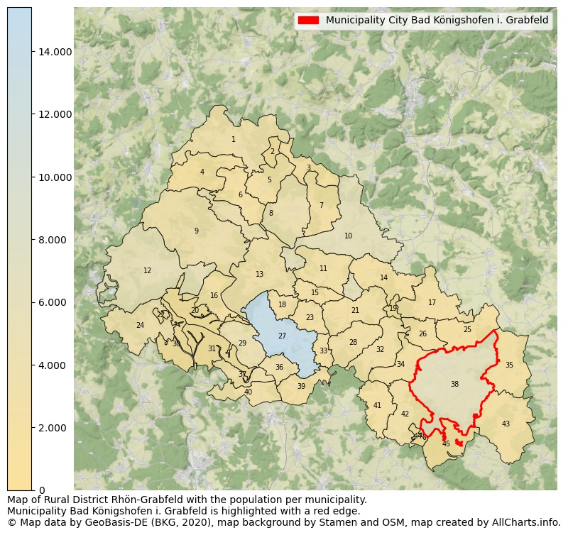 Map of Rural district Rhön-Grabfeld with the population per municipality.Municipality Bad Königshofen i. Grabfeld is highlighted with a red edge.. This page shows a lot of information about residents (such as the distribution by age groups, family composition, gender, native or German with an immigration background, ...), homes (numbers, types, price development, use, type of property, ...) and more (car ownership, energy consumption, ...) based on open data from the German Federal Agency for Cartography, the Federal Statistical Office (DESTATIS), the Regional Statistical Offices and various other sources!