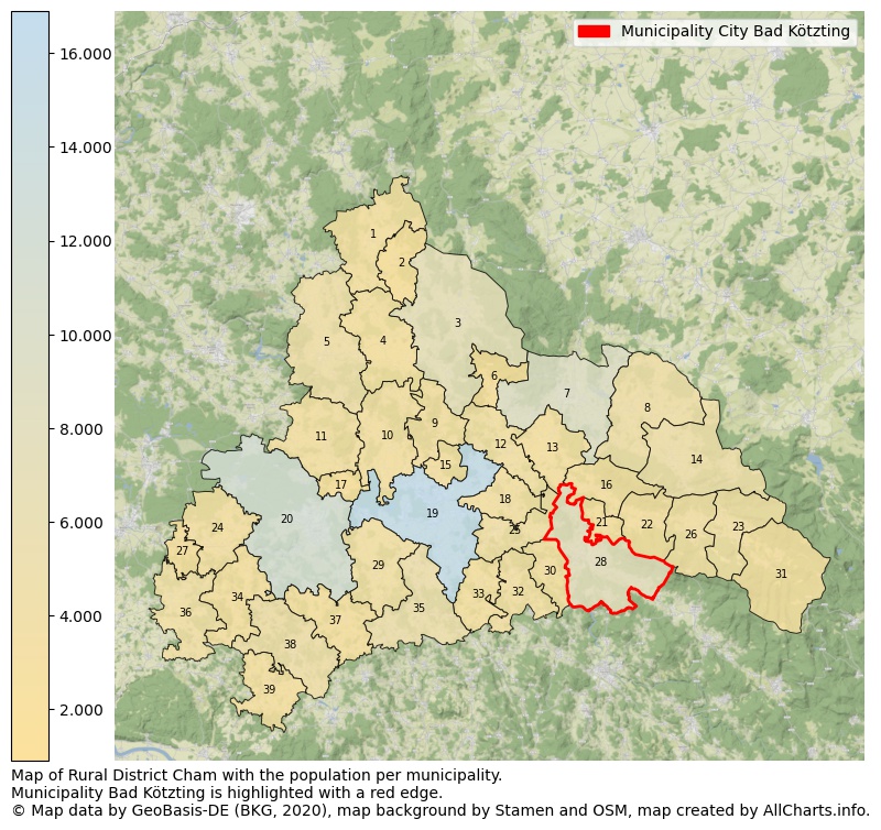 Map of Rural district Cham with the population per municipality.Municipality Bad Kötzting is highlighted with a red edge.. This page shows a lot of information about residents (such as the distribution by age groups, family composition, gender, native or German with an immigration background, ...), homes (numbers, types, price development, use, type of property, ...) and more (car ownership, energy consumption, ...) based on open data from the German Federal Agency for Cartography, the Federal Statistical Office (DESTATIS), the Regional Statistical Offices and various other sources!