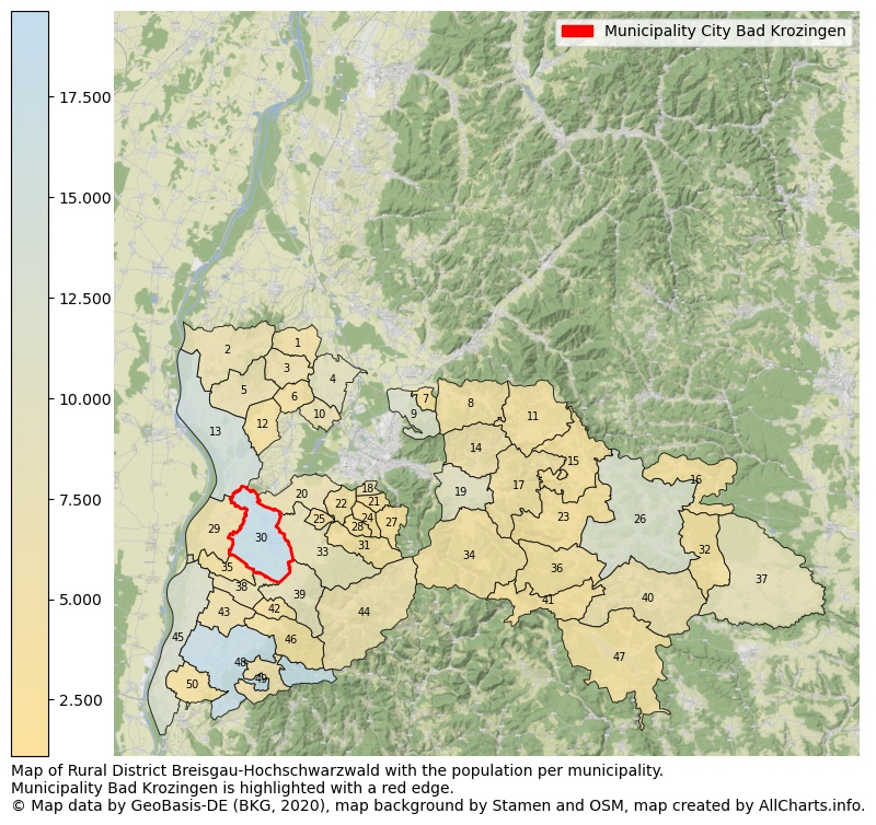 Map of Rural district Breisgau-Hochschwarzwald with the population per municipality.Municipality Bad Krozingen is highlighted with a red edge.. This page shows a lot of information about residents (such as the distribution by age groups, family composition, gender, native or German with an immigration background, ...), homes (numbers, types, price development, use, type of property, ...) and more (car ownership, energy consumption, ...) based on open data from the German Federal Agency for Cartography, the Federal Statistical Office (DESTATIS), the Regional Statistical Offices and various other sources!