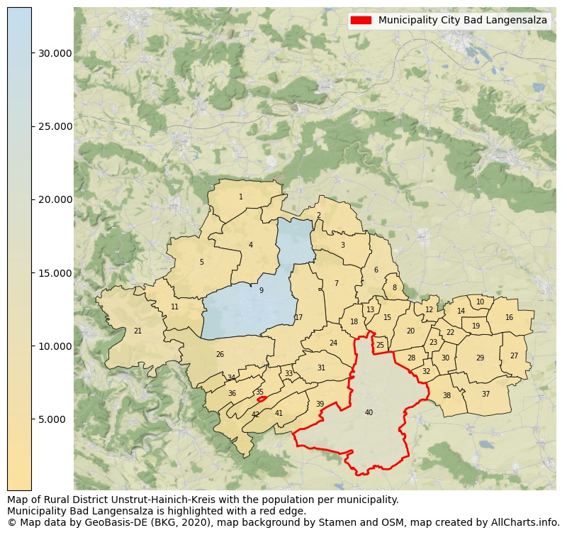 Map of Rural district Unstrut-Hainich-Kreis with the population per municipality.Municipality Bad Langensalza is highlighted with a red edge.. This page shows a lot of information about residents (such as the distribution by age groups, family composition, gender, native or German with an immigration background, ...), homes (numbers, types, price development, use, type of property, ...) and more (car ownership, energy consumption, ...) based on open data from the German Federal Agency for Cartography, the Federal Statistical Office (DESTATIS), the Regional Statistical Offices and various other sources!