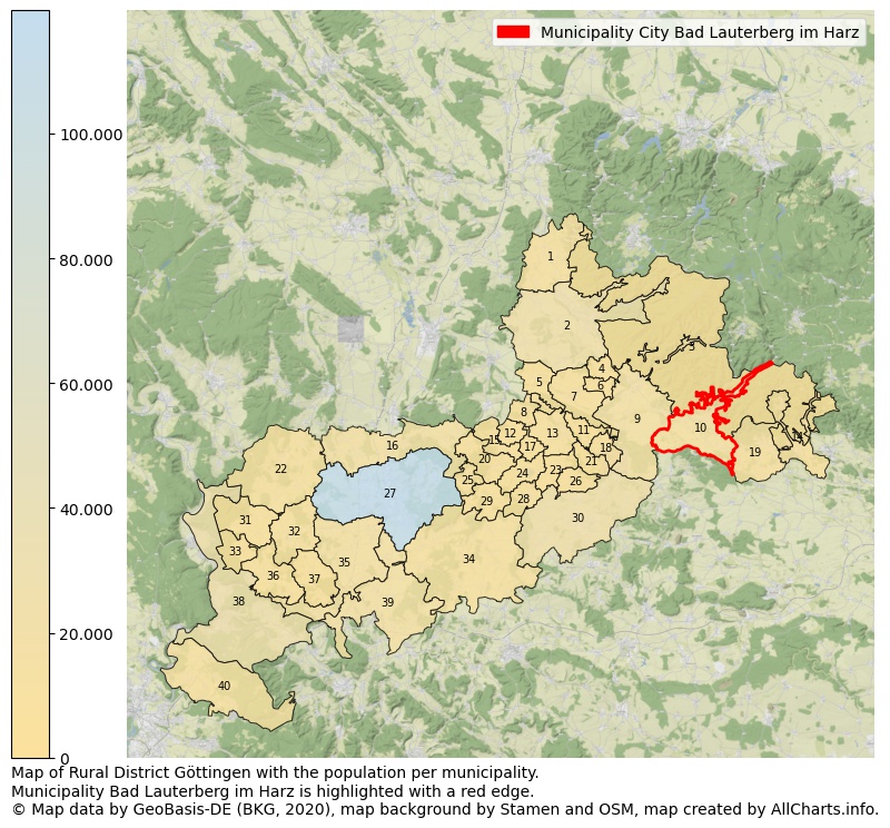 Map of Rural district Göttingen with the population per municipality.Municipality Bad Lauterberg im Harz is highlighted with a red edge.. This page shows a lot of information about residents (such as the distribution by age groups, family composition, gender, native or German with an immigration background, ...), homes (numbers, types, price development, use, type of property, ...) and more (car ownership, energy consumption, ...) based on open data from the German Federal Agency for Cartography, the Federal Statistical Office (DESTATIS), the Regional Statistical Offices and various other sources!