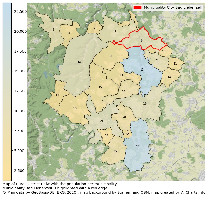Map of Rural district Calw with the population per municipality.Municipality Bad Liebenzell is highlighted with a red edge.. This page shows a lot of information about residents (such as the distribution by age groups, family composition, gender, native or German with an immigration background, ...), homes (numbers, types, price development, use, type of property, ...) and more (car ownership, energy consumption, ...) based on open data from the German Federal Agency for Cartography, the Federal Statistical Office (DESTATIS), the Regional Statistical Offices and various other sources!