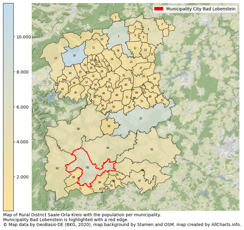 Map of Rural district Saale-Orla-Kreis with the population per municipality.Municipality Bad Lobenstein is highlighted with a red edge.. This page shows a lot of information about residents (such as the distribution by age groups, family composition, gender, native or German with an immigration background, ...), homes (numbers, types, price development, use, type of property, ...) and more (car ownership, energy consumption, ...) based on open data from the German Federal Agency for Cartography, the Federal Statistical Office (DESTATIS), the Regional Statistical Offices and various other sources!
