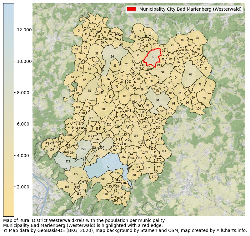 Map of Rural district Westerwaldkreis with the population per municipality.Municipality Bad Marienberg (Westerwald) is highlighted with a red edge.. This page shows a lot of information about residents (such as the distribution by age groups, family composition, gender, native or German with an immigration background, ...), homes (numbers, types, price development, use, type of property, ...) and more (car ownership, energy consumption, ...) based on open data from the German Federal Agency for Cartography, the Federal Statistical Office (DESTATIS), the Regional Statistical Offices and various other sources!