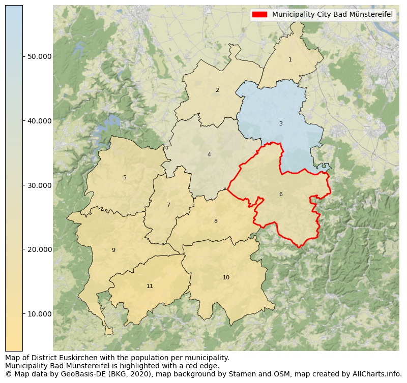 Map of District Euskirchen with the population per municipality.Municipality Bad Münstereifel is highlighted with a red edge.. This page shows a lot of information about residents (such as the distribution by age groups, family composition, gender, native or German with an immigration background, ...), homes (numbers, types, price development, use, type of property, ...) and more (car ownership, energy consumption, ...) based on open data from the German Federal Agency for Cartography, the Federal Statistical Office (DESTATIS), the Regional Statistical Offices and various other sources!