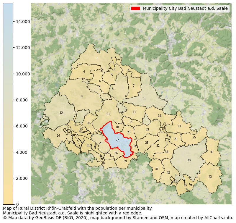 Map of Rural district Rhön-Grabfeld with the population per municipality.Municipality Bad Neustadt a.d. Saale is highlighted with a red edge.. This page shows a lot of information about residents (such as the distribution by age groups, family composition, gender, native or German with an immigration background, ...), homes (numbers, types, price development, use, type of property, ...) and more (car ownership, energy consumption, ...) based on open data from the German Federal Agency for Cartography, the Federal Statistical Office (DESTATIS), the Regional Statistical Offices and various other sources!