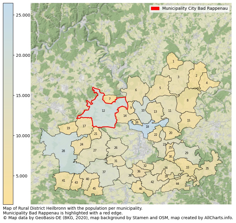 Map of Rural district Heilbronn with the population per municipality.Municipality Bad Rappenau is highlighted with a red edge.. This page shows a lot of information about residents (such as the distribution by age groups, family composition, gender, native or German with an immigration background, ...), homes (numbers, types, price development, use, type of property, ...) and more (car ownership, energy consumption, ...) based on open data from the German Federal Agency for Cartography, the Federal Statistical Office (DESTATIS), the Regional Statistical Offices and various other sources!