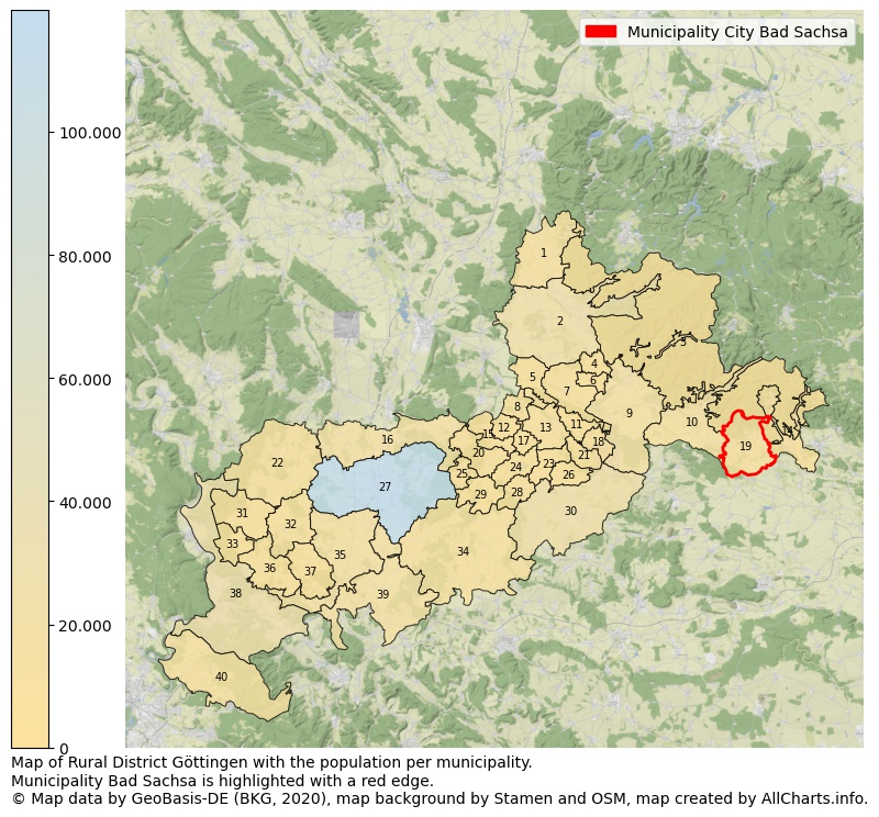 Map of Rural district Göttingen with the population per municipality.Municipality Bad Sachsa is highlighted with a red edge.. This page shows a lot of information about residents (such as the distribution by age groups, family composition, gender, native or German with an immigration background, ...), homes (numbers, types, price development, use, type of property, ...) and more (car ownership, energy consumption, ...) based on open data from the German Federal Agency for Cartography, the Federal Statistical Office (DESTATIS), the Regional Statistical Offices and various other sources!