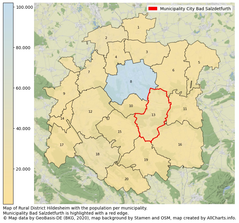 Map of Rural district Hildesheim with the population per municipality.Municipality Bad Salzdetfurth is highlighted with a red edge.. This page shows a lot of information about residents (such as the distribution by age groups, family composition, gender, native or German with an immigration background, ...), homes (numbers, types, price development, use, type of property, ...) and more (car ownership, energy consumption, ...) based on open data from the German Federal Agency for Cartography, the Federal Statistical Office (DESTATIS), the Regional Statistical Offices and various other sources!