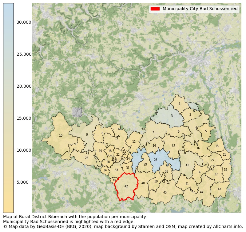 Map of Rural district Biberach with the population per municipality.Municipality Bad Schussenried is highlighted with a red edge.. This page shows a lot of information about residents (such as the distribution by age groups, family composition, gender, native or German with an immigration background, ...), homes (numbers, types, price development, use, type of property, ...) and more (car ownership, energy consumption, ...) based on open data from the German Federal Agency for Cartography, the Federal Statistical Office (DESTATIS), the Regional Statistical Offices and various other sources!