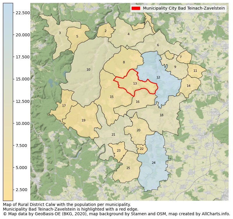 Map of Rural district Calw with the population per municipality.Municipality Bad Teinach-Zavelstein is highlighted with a red edge.. This page shows a lot of information about residents (such as the distribution by age groups, family composition, gender, native or German with an immigration background, ...), homes (numbers, types, price development, use, type of property, ...) and more (car ownership, energy consumption, ...) based on open data from the German Federal Agency for Cartography, the Federal Statistical Office (DESTATIS), the Regional Statistical Offices and various other sources!