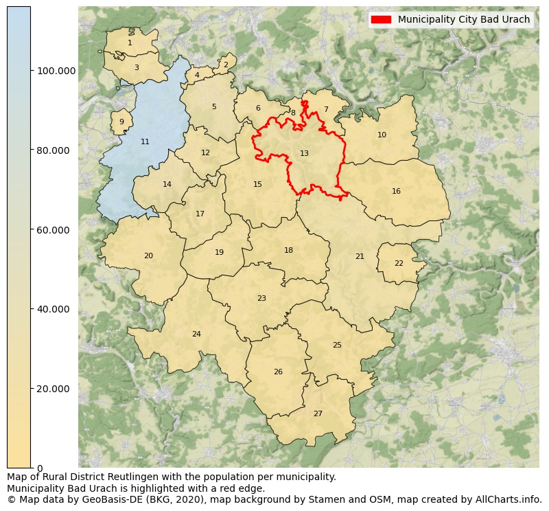 Map of Rural district Reutlingen with the population per municipality.Municipality Bad Urach is highlighted with a red edge.. This page shows a lot of information about residents (such as the distribution by age groups, family composition, gender, native or German with an immigration background, ...), homes (numbers, types, price development, use, type of property, ...) and more (car ownership, energy consumption, ...) based on open data from the German Federal Agency for Cartography, the Federal Statistical Office (DESTATIS), the Regional Statistical Offices and various other sources!