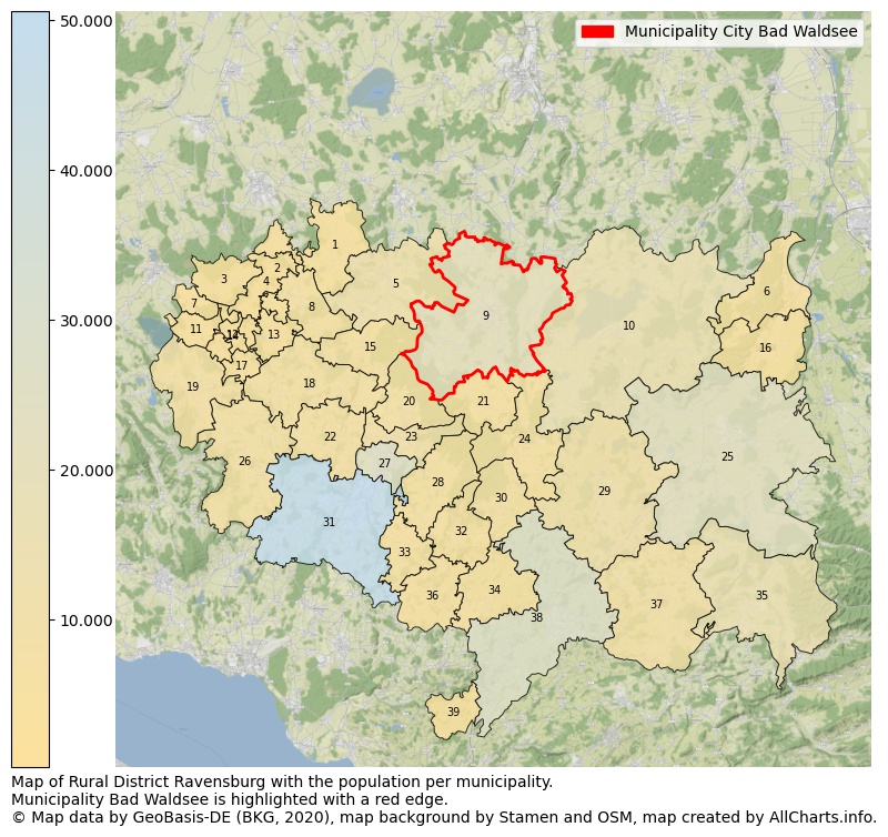 Map of Rural district Ravensburg with the population per municipality.Municipality Bad Waldsee is highlighted with a red edge.. This page shows a lot of information about residents (such as the distribution by age groups, family composition, gender, native or German with an immigration background, ...), homes (numbers, types, price development, use, type of property, ...) and more (car ownership, energy consumption, ...) based on open data from the German Federal Agency for Cartography, the Federal Statistical Office (DESTATIS), the Regional Statistical Offices and various other sources!
