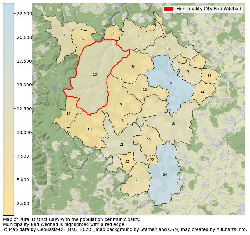 Map of Rural district Calw with the population per municipality.Municipality Bad Wildbad is highlighted with a red edge.. This page shows a lot of information about residents (such as the distribution by age groups, family composition, gender, native or German with an immigration background, ...), homes (numbers, types, price development, use, type of property, ...) and more (car ownership, energy consumption, ...) based on open data from the German Federal Agency for Cartography, the Federal Statistical Office (DESTATIS), the Regional Statistical Offices and various other sources!
