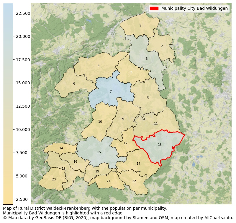 Map of Rural district Waldeck-Frankenberg with the population per municipality.Municipality Bad Wildungen is highlighted with a red edge.. This page shows a lot of information about residents (such as the distribution by age groups, family composition, gender, native or German with an immigration background, ...), homes (numbers, types, price development, use, type of property, ...) and more (car ownership, energy consumption, ...) based on open data from the German Federal Agency for Cartography, the Federal Statistical Office (DESTATIS), the Regional Statistical Offices and various other sources!