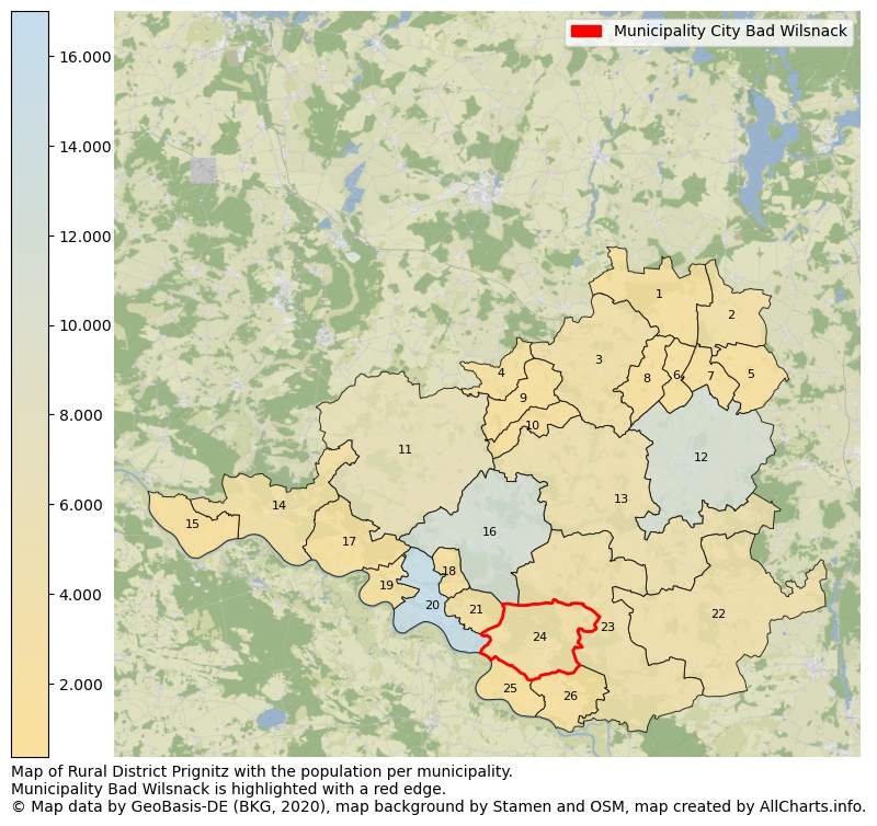 Map of Rural district Prignitz with the population per municipality.Municipality Bad Wilsnack is highlighted with a red edge.. This page shows a lot of information about residents (such as the distribution by age groups, family composition, gender, native or German with an immigration background, ...), homes (numbers, types, price development, use, type of property, ...) and more (car ownership, energy consumption, ...) based on open data from the German Federal Agency for Cartography, the Federal Statistical Office (DESTATIS), the Regional Statistical Offices and various other sources!