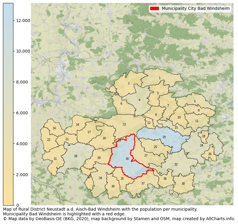 Map of Rural district Neustadt a.d. Aisch-Bad Windsheim with the population per municipality.Municipality Bad Windsheim is highlighted with a red edge.. This page shows a lot of information about residents (such as the distribution by age groups, family composition, gender, native or German with an immigration background, ...), homes (numbers, types, price development, use, type of property, ...) and more (car ownership, energy consumption, ...) based on open data from the German Federal Agency for Cartography, the Federal Statistical Office (DESTATIS), the Regional Statistical Offices and various other sources!