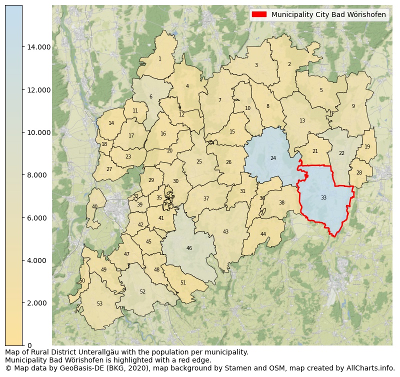 Map of Rural district Unterallgäu with the population per municipality.Municipality Bad Wörishofen is highlighted with a red edge.. This page shows a lot of information about residents (such as the distribution by age groups, family composition, gender, native or German with an immigration background, ...), homes (numbers, types, price development, use, type of property, ...) and more (car ownership, energy consumption, ...) based on open data from the German Federal Agency for Cartography, the Federal Statistical Office (DESTATIS), the Regional Statistical Offices and various other sources!