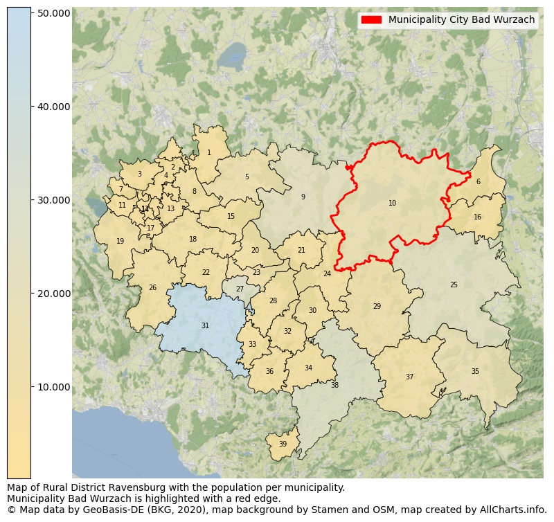 Map of Rural district Ravensburg with the population per municipality.Municipality Bad Wurzach is highlighted with a red edge.. This page shows a lot of information about residents (such as the distribution by age groups, family composition, gender, native or German with an immigration background, ...), homes (numbers, types, price development, use, type of property, ...) and more (car ownership, energy consumption, ...) based on open data from the German Federal Agency for Cartography, the Federal Statistical Office (DESTATIS), the Regional Statistical Offices and various other sources!