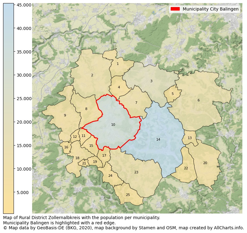 Map of Rural district Zollernalbkreis with the population per municipality.Municipality Balingen is highlighted with a red edge.. This page shows a lot of information about residents (such as the distribution by age groups, family composition, gender, native or German with an immigration background, ...), homes (numbers, types, price development, use, type of property, ...) and more (car ownership, energy consumption, ...) based on open data from the German Federal Agency for Cartography, the Federal Statistical Office (DESTATIS), the Regional Statistical Offices and various other sources!