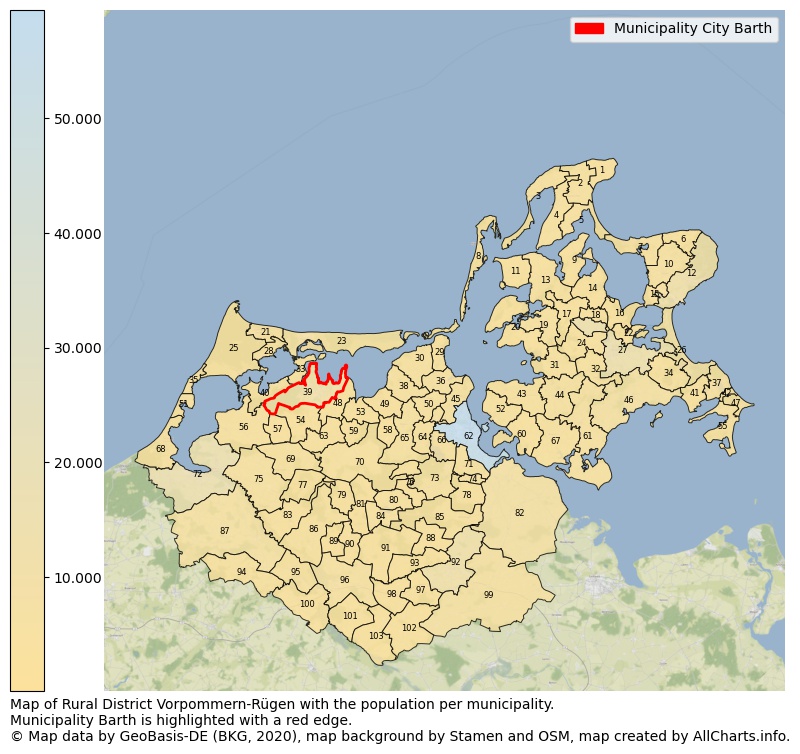 Map of Rural district Vorpommern-Rügen with the population per municipality.Municipality Barth is highlighted with a red edge.. This page shows a lot of information about residents (such as the distribution by age groups, family composition, gender, native or German with an immigration background, ...), homes (numbers, types, price development, use, type of property, ...) and more (car ownership, energy consumption, ...) based on open data from the German Federal Agency for Cartography, the Federal Statistical Office (DESTATIS), the Regional Statistical Offices and various other sources!