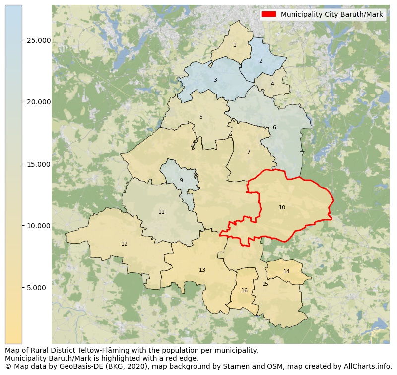 Map of Rural district Teltow-Fläming with the population per municipality.Municipality Baruth/Mark is highlighted with a red edge.. This page shows a lot of information about residents (such as the distribution by age groups, family composition, gender, native or German with an immigration background, ...), homes (numbers, types, price development, use, type of property, ...) and more (car ownership, energy consumption, ...) based on open data from the German Federal Agency for Cartography, the Federal Statistical Office (DESTATIS), the Regional Statistical Offices and various other sources!