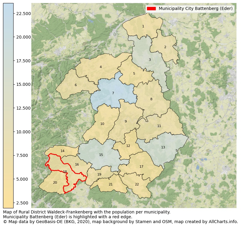 Map of Rural district Waldeck-Frankenberg with the population per municipality.Municipality Battenberg (Eder) is highlighted with a red edge.. This page shows a lot of information about residents (such as the distribution by age groups, family composition, gender, native or German with an immigration background, ...), homes (numbers, types, price development, use, type of property, ...) and more (car ownership, energy consumption, ...) based on open data from the German Federal Agency for Cartography, the Federal Statistical Office (DESTATIS), the Regional Statistical Offices and various other sources!