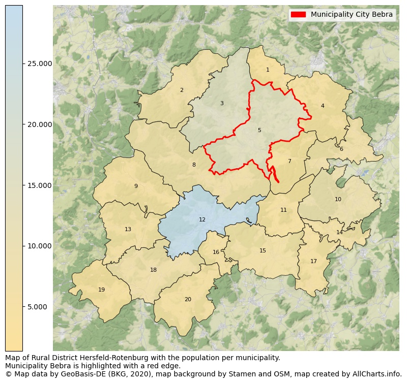 Map of Rural district Hersfeld-Rotenburg with the population per municipality.Municipality Bebra is highlighted with a red edge.. This page shows a lot of information about residents (such as the distribution by age groups, family composition, gender, native or German with an immigration background, ...), homes (numbers, types, price development, use, type of property, ...) and more (car ownership, energy consumption, ...) based on open data from the German Federal Agency for Cartography, the Federal Statistical Office (DESTATIS), the Regional Statistical Offices and various other sources!