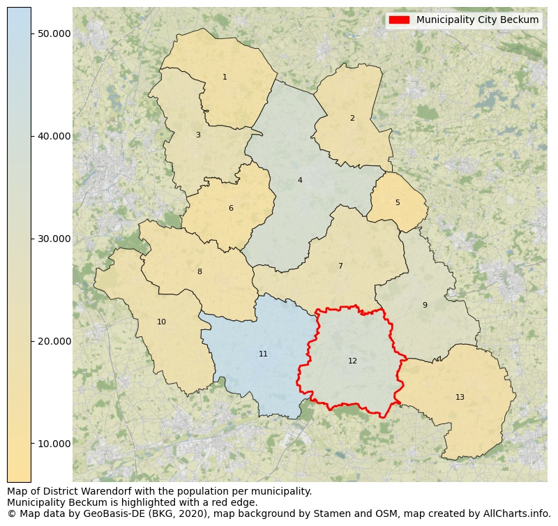 Map of District Warendorf with the population per municipality.Municipality Beckum is highlighted with a red edge.. This page shows a lot of information about residents (such as the distribution by age groups, family composition, gender, native or German with an immigration background, ...), homes (numbers, types, price development, use, type of property, ...) and more (car ownership, energy consumption, ...) based on open data from the German Federal Agency for Cartography, the Federal Statistical Office (DESTATIS), the Regional Statistical Offices and various other sources!