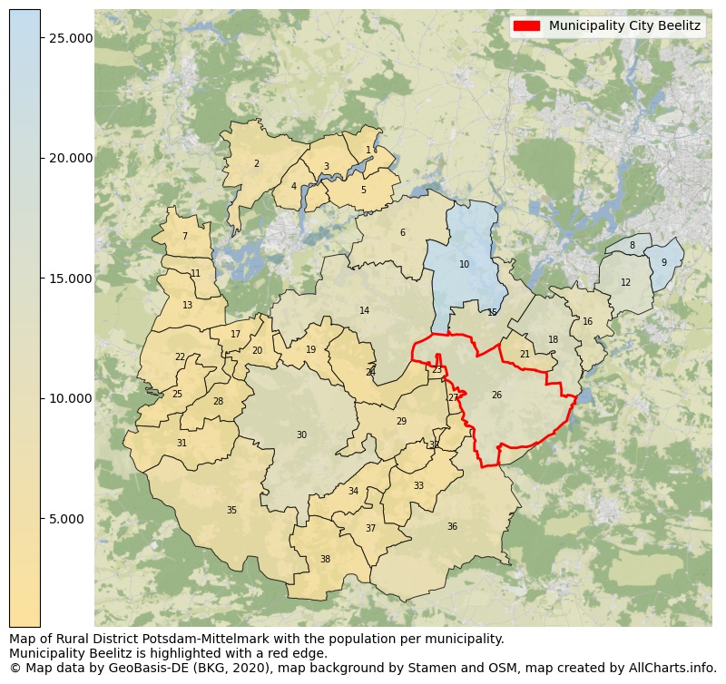 Map of Rural district Potsdam-Mittelmark with the population per municipality.Municipality Beelitz is highlighted with a red edge.. This page shows a lot of information about residents (such as the distribution by age groups, family composition, gender, native or German with an immigration background, ...), homes (numbers, types, price development, use, type of property, ...) and more (car ownership, energy consumption, ...) based on open data from the German Federal Agency for Cartography, the Federal Statistical Office (DESTATIS), the Regional Statistical Offices and various other sources!