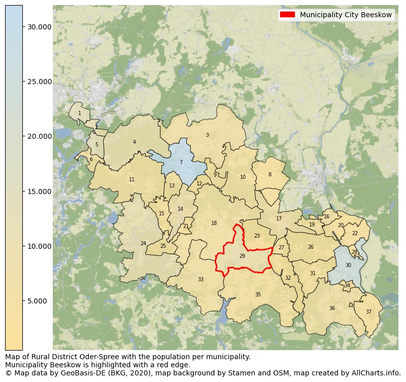 Map of Rural district Oder-Spree with the population per municipality.Municipality Beeskow is highlighted with a red edge.. This page shows a lot of information about residents (such as the distribution by age groups, family composition, gender, native or German with an immigration background, ...), homes (numbers, types, price development, use, type of property, ...) and more (car ownership, energy consumption, ...) based on open data from the German Federal Agency for Cartography, the Federal Statistical Office (DESTATIS), the Regional Statistical Offices and various other sources!