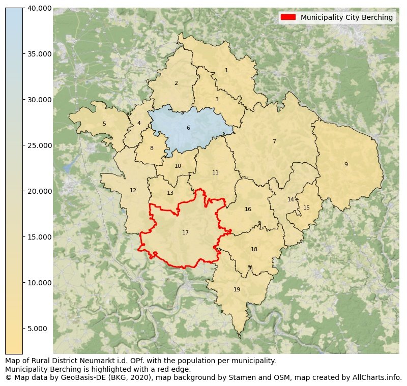 Map of Rural district Neumarkt i.d. OPf. with the population per municipality.Municipality Berching is highlighted with a red edge.. This page shows a lot of information about residents (such as the distribution by age groups, family composition, gender, native or German with an immigration background, ...), homes (numbers, types, price development, use, type of property, ...) and more (car ownership, energy consumption, ...) based on open data from the German Federal Agency for Cartography, the Federal Statistical Office (DESTATIS), the Regional Statistical Offices and various other sources!