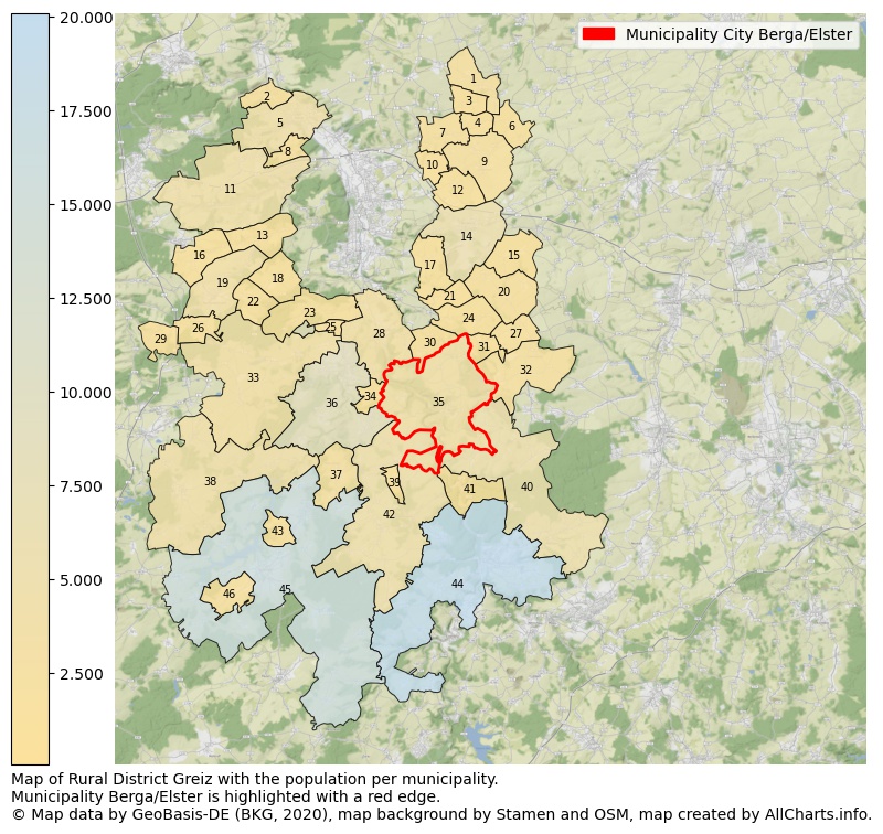 Map of Rural district Greiz with the population per municipality.Municipality Berga/Elster is highlighted with a red edge.. This page shows a lot of information about residents (such as the distribution by age groups, family composition, gender, native or German with an immigration background, ...), homes (numbers, types, price development, use, type of property, ...) and more (car ownership, energy consumption, ...) based on open data from the German Federal Agency for Cartography, the Federal Statistical Office (DESTATIS), the Regional Statistical Offices and various other sources!