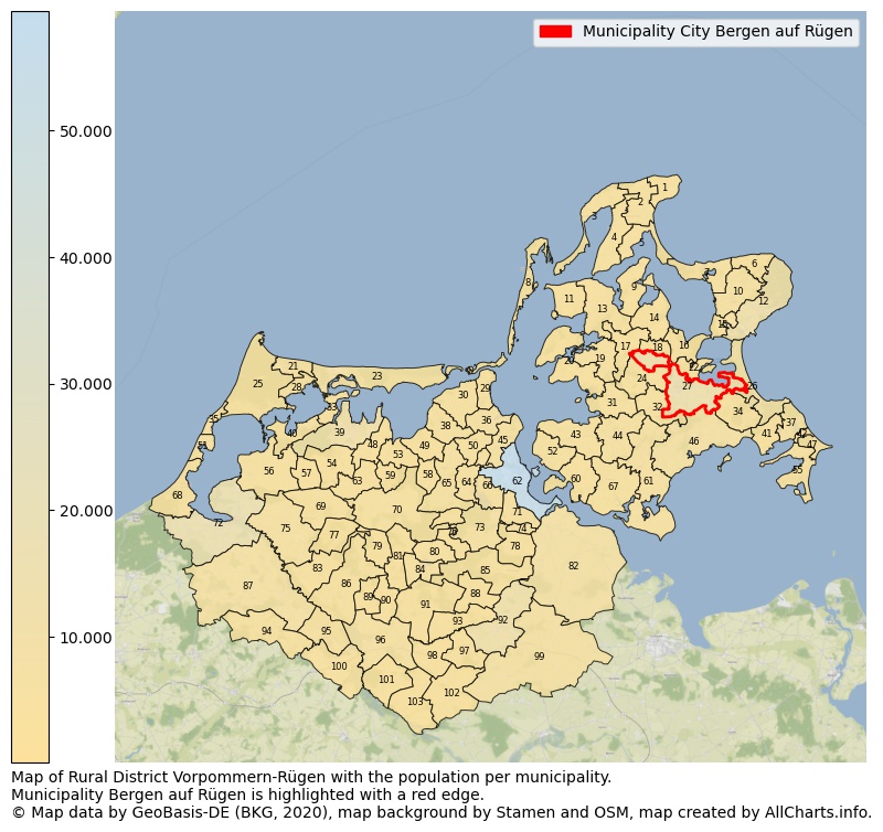 Map of Rural district Vorpommern-Rügen with the population per municipality.Municipality Bergen auf Rügen is highlighted with a red edge.. This page shows a lot of information about residents (such as the distribution by age groups, family composition, gender, native or German with an immigration background, ...), homes (numbers, types, price development, use, type of property, ...) and more (car ownership, energy consumption, ...) based on open data from the German Federal Agency for Cartography, the Federal Statistical Office (DESTATIS), the Regional Statistical Offices and various other sources!