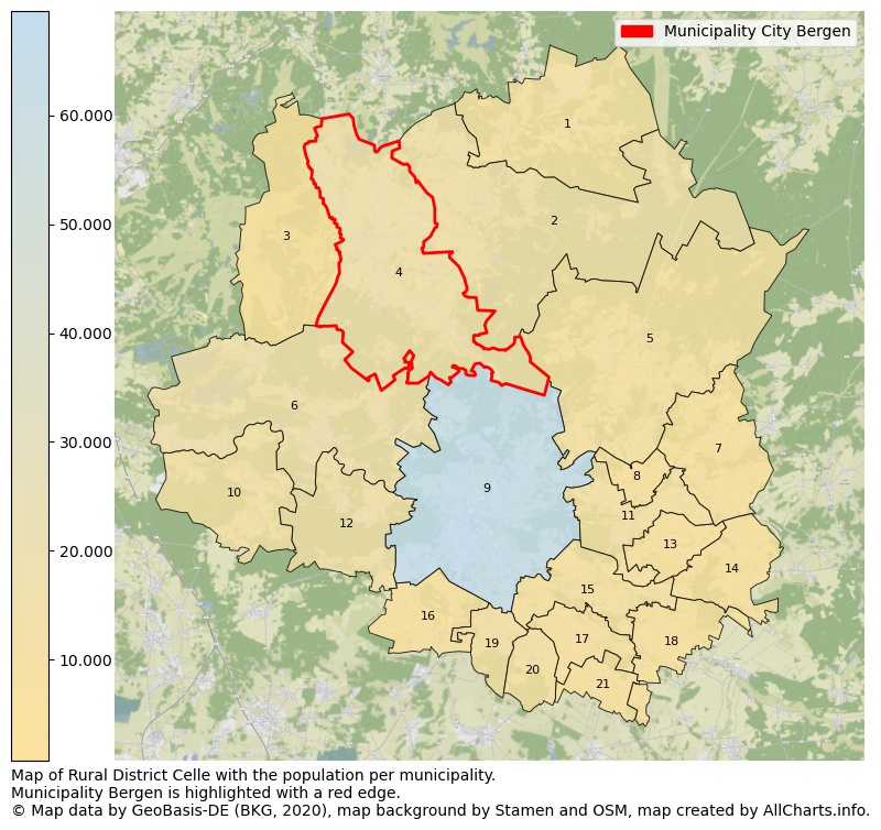 Map of Rural district Celle with the population per municipality.Municipality Bergen is highlighted with a red edge.. This page shows a lot of information about residents (such as the distribution by age groups, family composition, gender, native or German with an immigration background, ...), homes (numbers, types, price development, use, type of property, ...) and more (car ownership, energy consumption, ...) based on open data from the German Federal Agency for Cartography, the Federal Statistical Office (DESTATIS), the Regional Statistical Offices and various other sources!