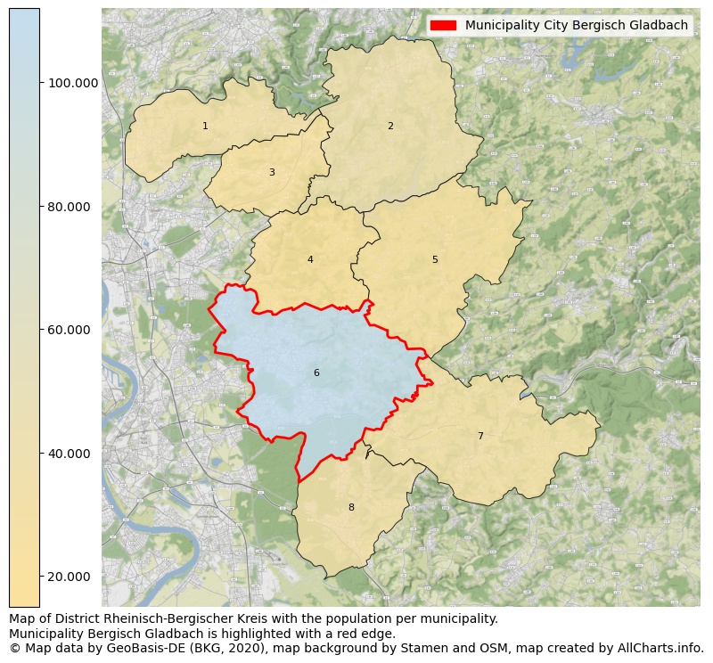 Map of District Rheinisch-Bergischer Kreis with the population per municipality.Municipality Bergisch Gladbach is highlighted with a red edge.. This page shows a lot of information about residents (such as the distribution by age groups, family composition, gender, native or German with an immigration background, ...), homes (numbers, types, price development, use, type of property, ...) and more (car ownership, energy consumption, ...) based on open data from the German Federal Agency for Cartography, the Federal Statistical Office (DESTATIS), the Regional Statistical Offices and various other sources!