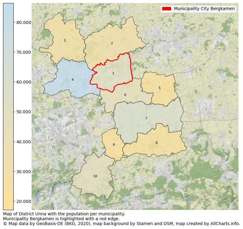 Map of District Unna with the population per municipality.Municipality Bergkamen is highlighted with a red edge.. This page shows a lot of information about residents (such as the distribution by age groups, family composition, gender, native or German with an immigration background, ...), homes (numbers, types, price development, use, type of property, ...) and more (car ownership, energy consumption, ...) based on open data from the German Federal Agency for Cartography, the Federal Statistical Office (DESTATIS), the Regional Statistical Offices and various other sources!
