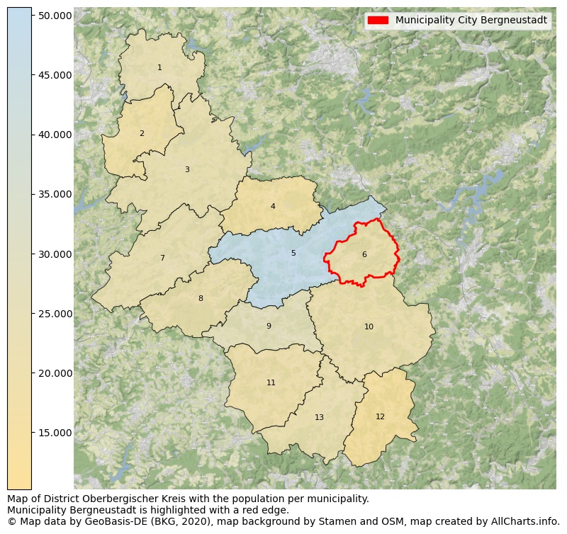 Map of District Oberbergischer Kreis with the population per municipality.Municipality Bergneustadt is highlighted with a red edge.. This page shows a lot of information about residents (such as the distribution by age groups, family composition, gender, native or German with an immigration background, ...), homes (numbers, types, price development, use, type of property, ...) and more (car ownership, energy consumption, ...) based on open data from the German Federal Agency for Cartography, the Federal Statistical Office (DESTATIS), the Regional Statistical Offices and various other sources!