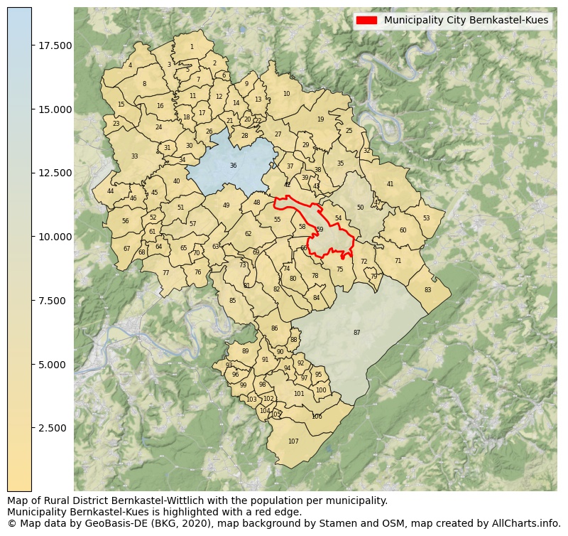 Map of Rural district Bernkastel-Wittlich with the population per municipality.Municipality Bernkastel-Kues is highlighted with a red edge.. This page shows a lot of information about residents (such as the distribution by age groups, family composition, gender, native or German with an immigration background, ...), homes (numbers, types, price development, use, type of property, ...) and more (car ownership, energy consumption, ...) based on open data from the German Federal Agency for Cartography, the Federal Statistical Office (DESTATIS), the Regional Statistical Offices and various other sources!